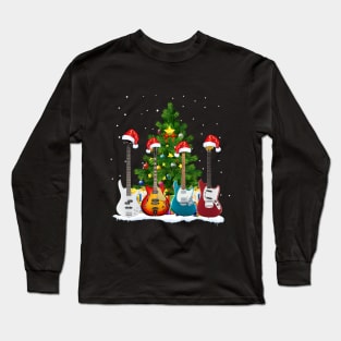 Santa Hat Electric Guitar Classical Guitar Christmas Long Sleeve T-Shirt